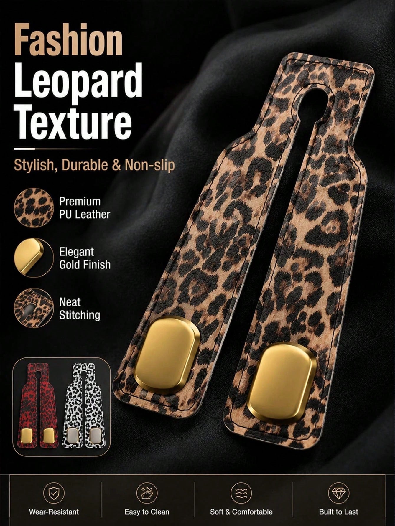 1pc Leopard Print Car Seat Back Hook, Alloy Hanging Rack Car Interior Storage Organizer, Universal Headrest Hidden Installation Car Accessory, Soft Leather Rubber Back Seat Hanging Bag Hook Suitable F