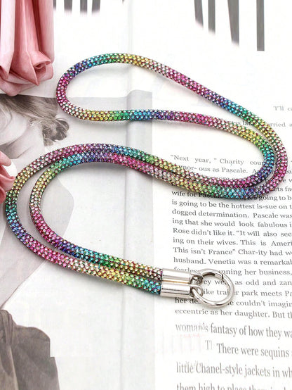 1pc Long Full Rhinestone Double-Buckle Phone Lanyard Necklace For Women, Ins Minimalist Stylish Anti-Lost Anti-Drop Phone Strap With Random Pad Accessory Gifts For Mother, Family, Friends, Birthday, H