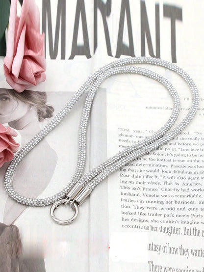 1pc Long Full Rhinestone Double-Buckle Phone Lanyard Necklace For Women, Ins Minimalist Stylish Anti-Lost Anti-Drop Phone Strap With Random Pad Accessory Gifts For Mother, Family, Friends, Birthday, H