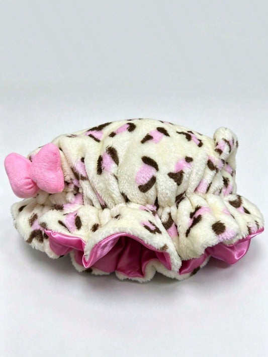 1pc Luxury Leopard Print Pink Teddy Fleece Sleep Cap, Adjustable Satin Lining Anti-Frizz Hat, Comfortable Stretch, Suitable For Natural Curly Hair