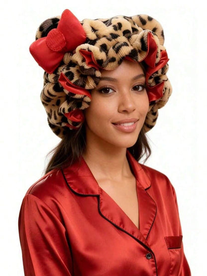 1pc Luxury Leopard Print Pink Teddy Fleece Sleep Cap, Adjustable Satin Lining Anti-Frizz Hat, Comfortable Stretch, Suitable For Natural Curly Hair