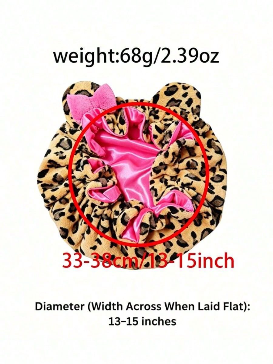 1pc Luxury Leopard Print Pink Teddy Fleece Sleep Cap, Adjustable Satin Lining Anti-Frizz Hat, Comfortable Stretch, Suitable For Natural Curly Hair