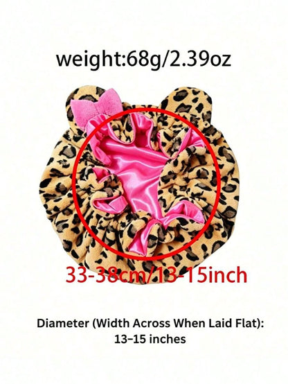 1pc Luxury Leopard Print Pink Teddy Fleece Sleep Cap, Adjustable Satin Lining Anti-Frizz Hat, Comfortable Stretch, Suitable For Natural Curly Hair