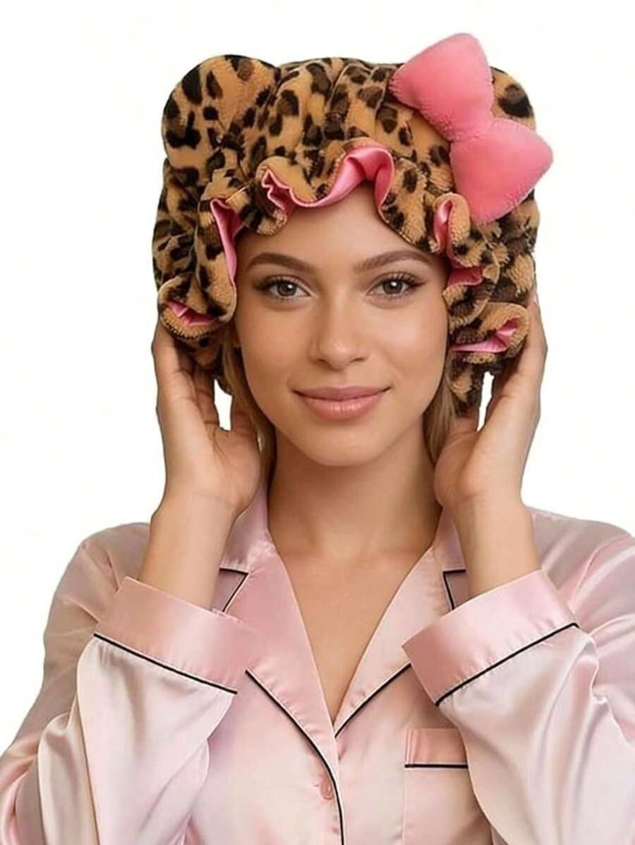 1pc Luxury Leopard Print Pink Teddy Fleece Sleep Cap, Adjustable Satin Lining Anti-Frizz Hat, Comfortable Stretch, Suitable For Natural Curly Hair