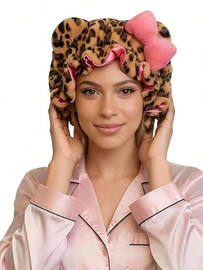 1pc Luxury Leopard Print Pink Teddy Fleece Sleep Cap, Adjustable Satin Lining Anti-Frizz Hat, Comfortable Stretch, Suitable For Natural Curly Hair