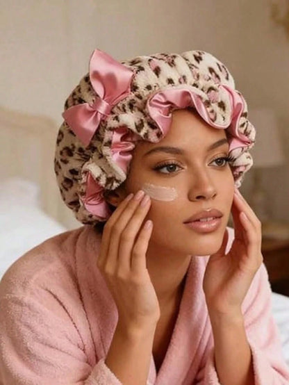1pc Luxury Leopard Print Pink Teddy Fleece Sleep Cap, Adjustable Satin Lining Anti-Frizz Hat, Comfortable Stretch, Suitable For Natural Curly Hair