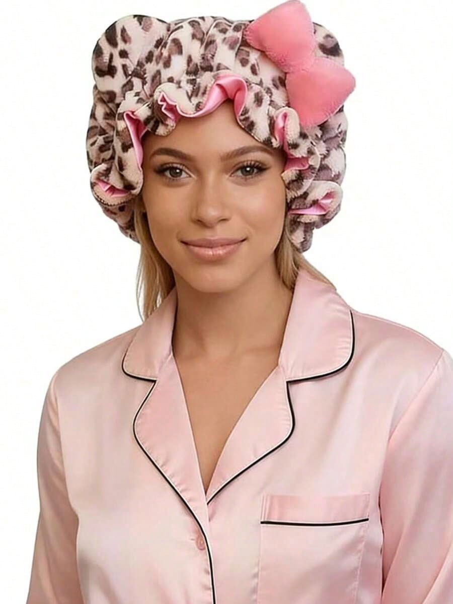 1pc Luxury Leopard Print Pink Teddy Fleece Sleep Cap, Adjustable Satin Lining Anti-Frizz Hat, Comfortable Stretch, Suitable For Natural Curly Hair