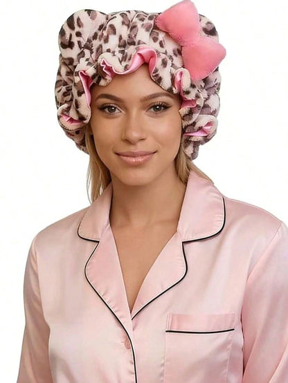 1pc Luxury Leopard Print Pink Teddy Fleece Sleep Cap, Adjustable Satin Lining Anti-Frizz Hat, Comfortable Stretch, Suitable For Natural Curly Hair