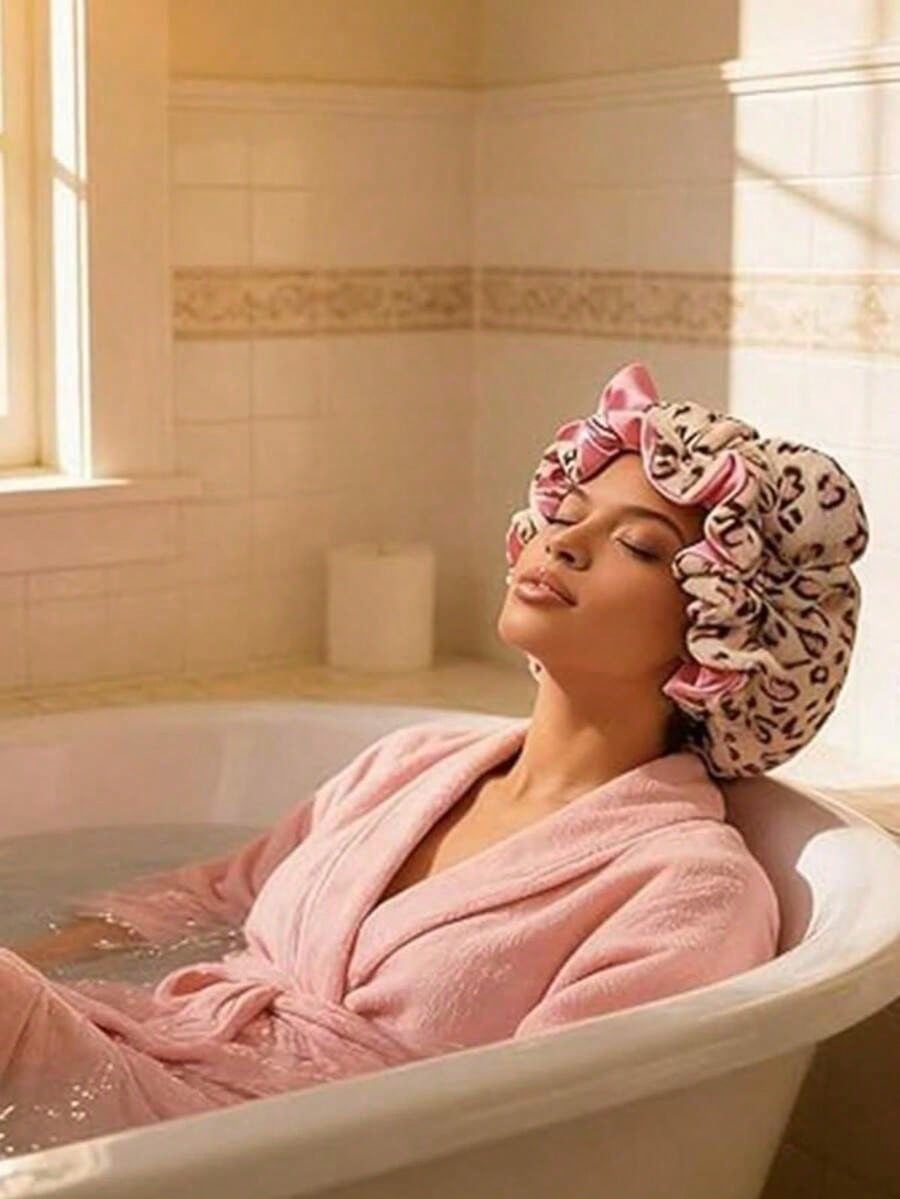 1pc Luxury Leopard Print Pink Teddy Fleece Sleep Cap, Adjustable Satin Lining Anti-Frizz Hat, Comfortable Stretch, Suitable For Natural Curly Hair