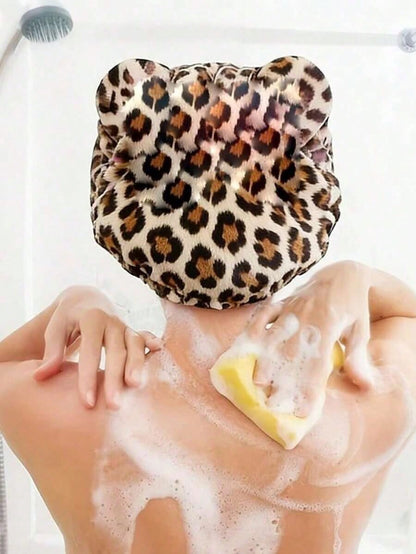 1pc Luxury Leopard Print Pink Teddy Fleece Sleep Cap, Adjustable Satin Lining Anti-Frizz Hat, Comfortable Stretch, Suitable For Natural Curly Hair