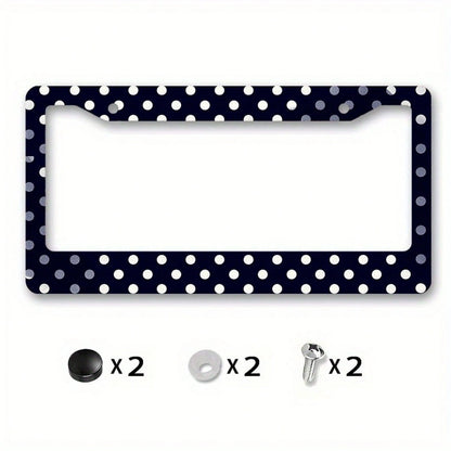1PC Matte Metal License Plate Frame Cover With Dark Blue Polka Dot Design- Compatible For, Car Exterior Accessory, License Plate Cover