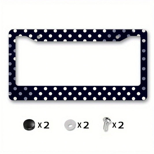 1PC Matte Metal License Plate Frame Cover With Dark Blue Polka Dot Design- Compatible For, Car Exterior Accessory, License Plate Cover