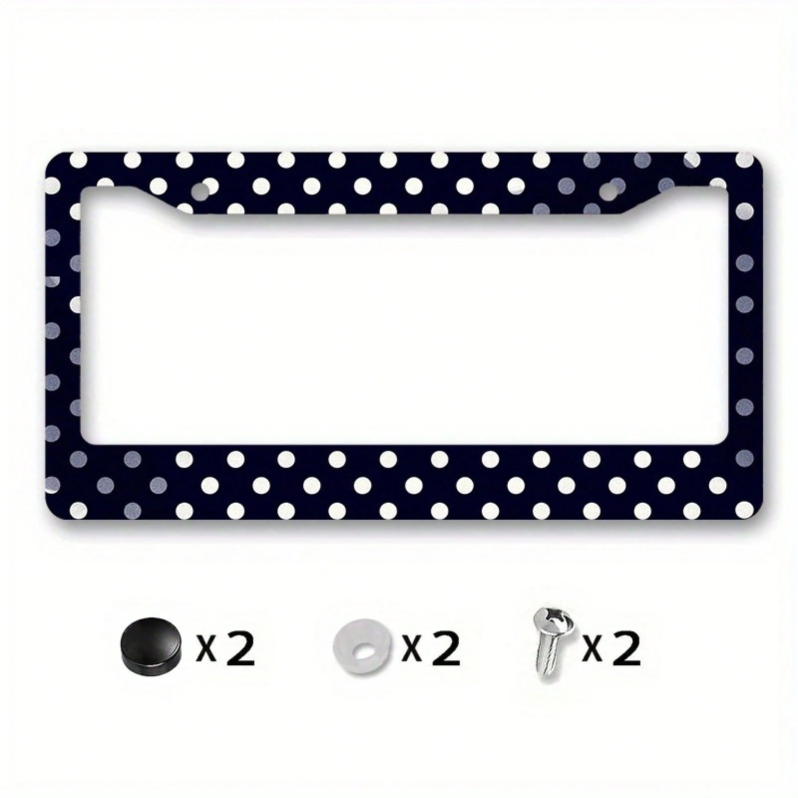 1PC Matte Metal License Plate Frame Cover With Dark Blue Polka Dot Design- Compatible For, Car Exterior Accessory, License Plate Cover