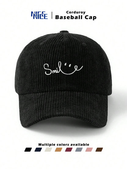 1pc Men's Line Smile Embroidered Corduroy Baseball Cap, Unisex Fashion Retro Soft Top Baseball Cap, Autumn/Winter Outdoor Thickened Baseball Cap, Adjustable Hat Circumference, Suitable For Daily Commu