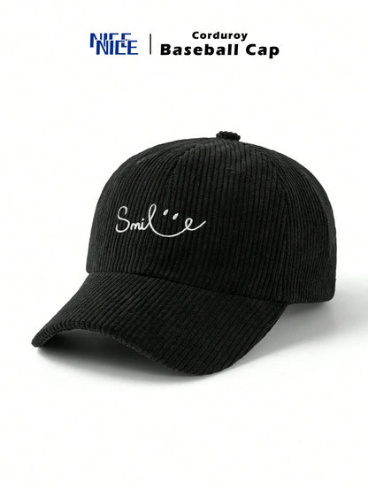 1pc Men's Line Smile Embroidered Corduroy Baseball Cap, Unisex Fashion Retro Soft Top Baseball Cap, Autumn/Winter Outdoor Thickened Baseball Cap, Adjustable Hat Circumference, Suitable For Daily Commu