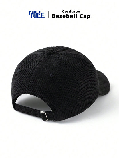 1pc Men's Line Smile Embroidered Corduroy Baseball Cap, Unisex Fashion Retro Soft Top Baseball Cap, Autumn/Winter Outdoor Thickened Baseball Cap, Adjustable Hat Circumference, Suitable For Daily Commu