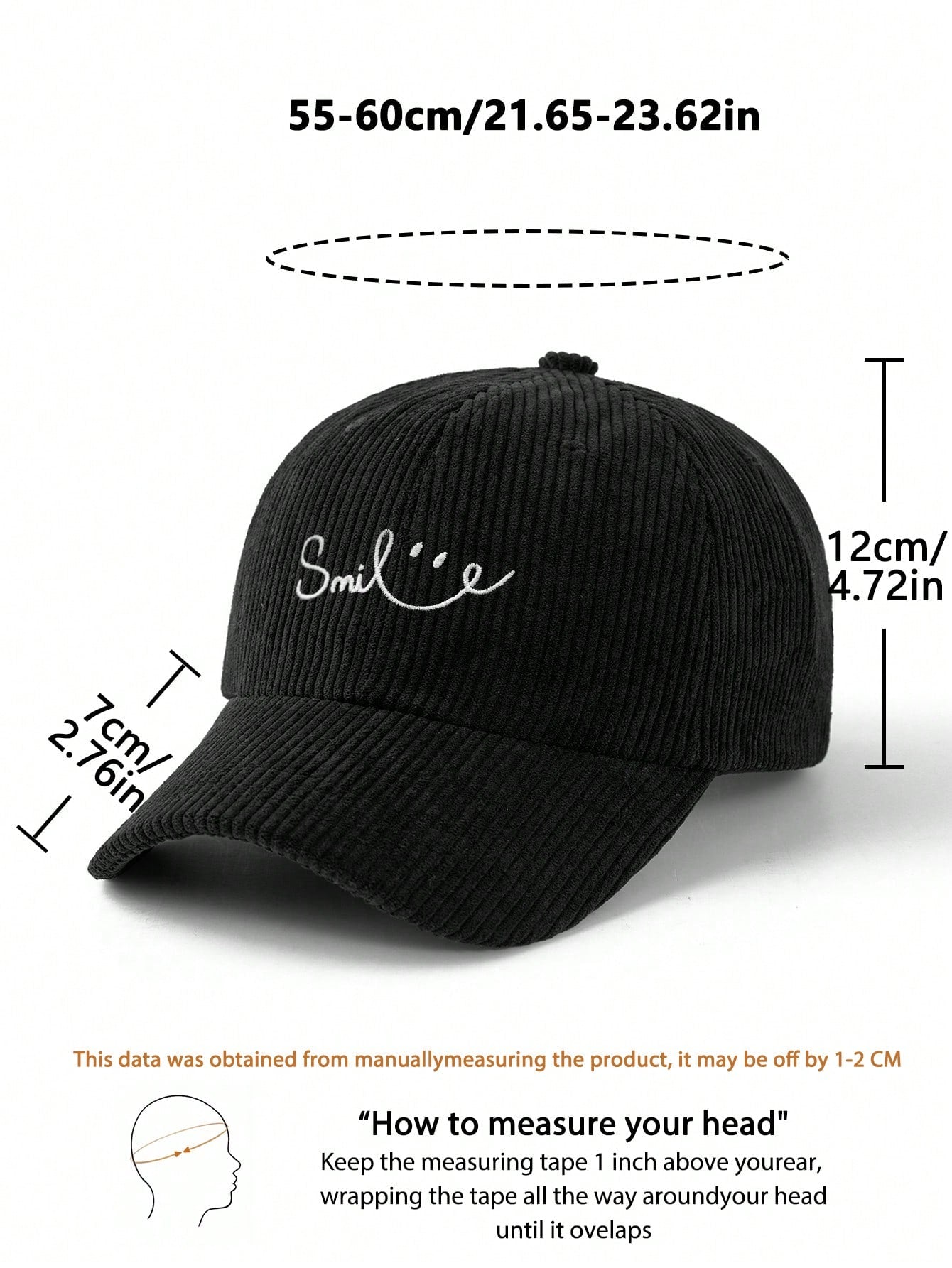 1pc Men's Line Smile Embroidered Corduroy Baseball Cap, Unisex Fashion Retro Soft Top Baseball Cap, Autumn/Winter Outdoor Thickened Baseball Cap, Adjustable Hat Circumference, Suitable For Daily Commu