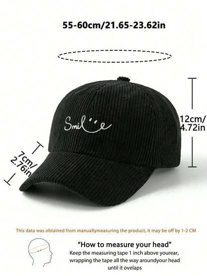 1pc Men's Line Smile Embroidered Corduroy Baseball Cap, Unisex Fashion Retro Soft Top Baseball Cap, Autumn/Winter Outdoor Thickened Baseball Cap, Adjustable Hat Circumference, Suitable For Daily Commu