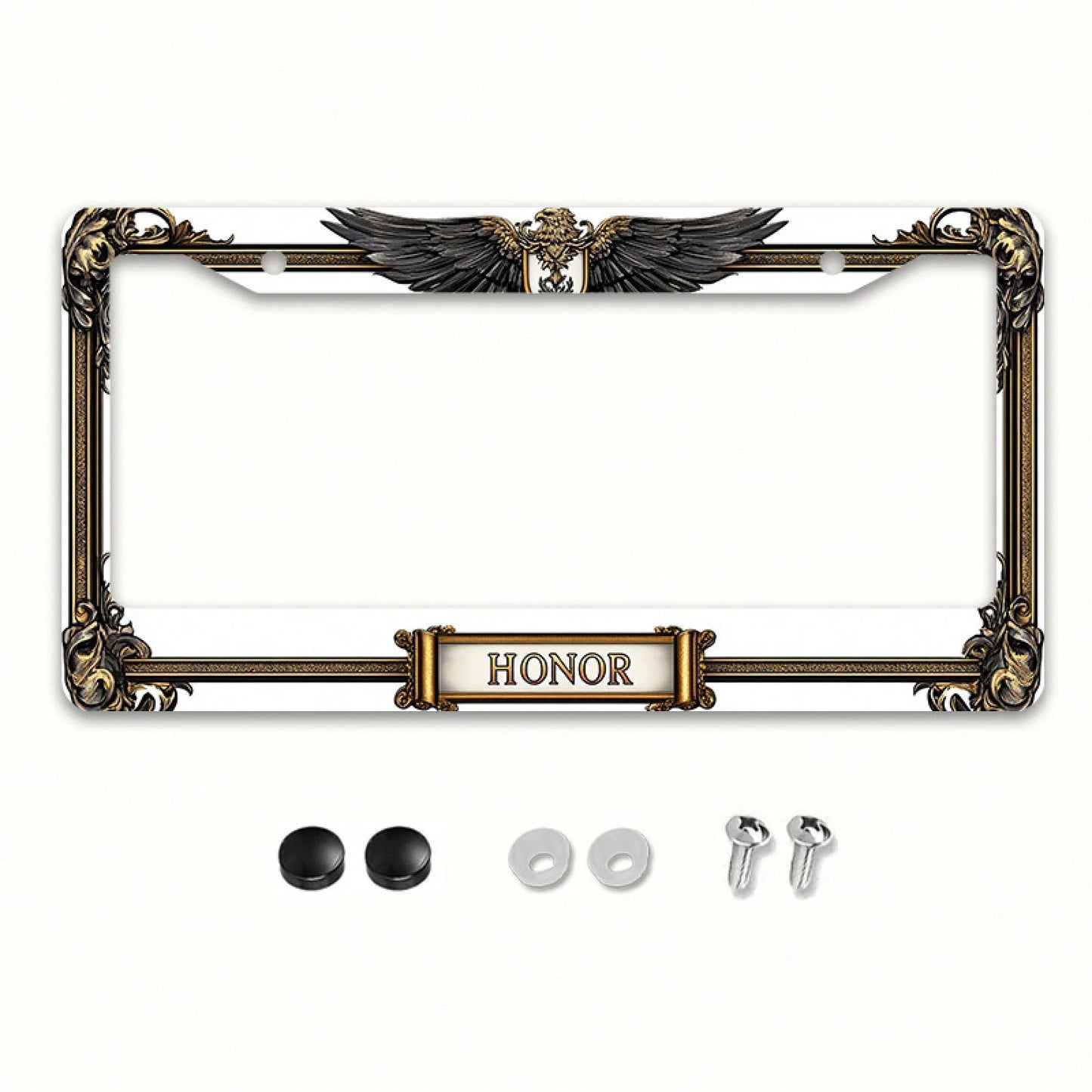 1pc Metal License Plate Frame, With The Golden Eagle Emblem And Honor Engraving, Suitable For American And Most International Vehicles, Includes Mounting Screws, Car Decoration Accessory, Perfectly Sh