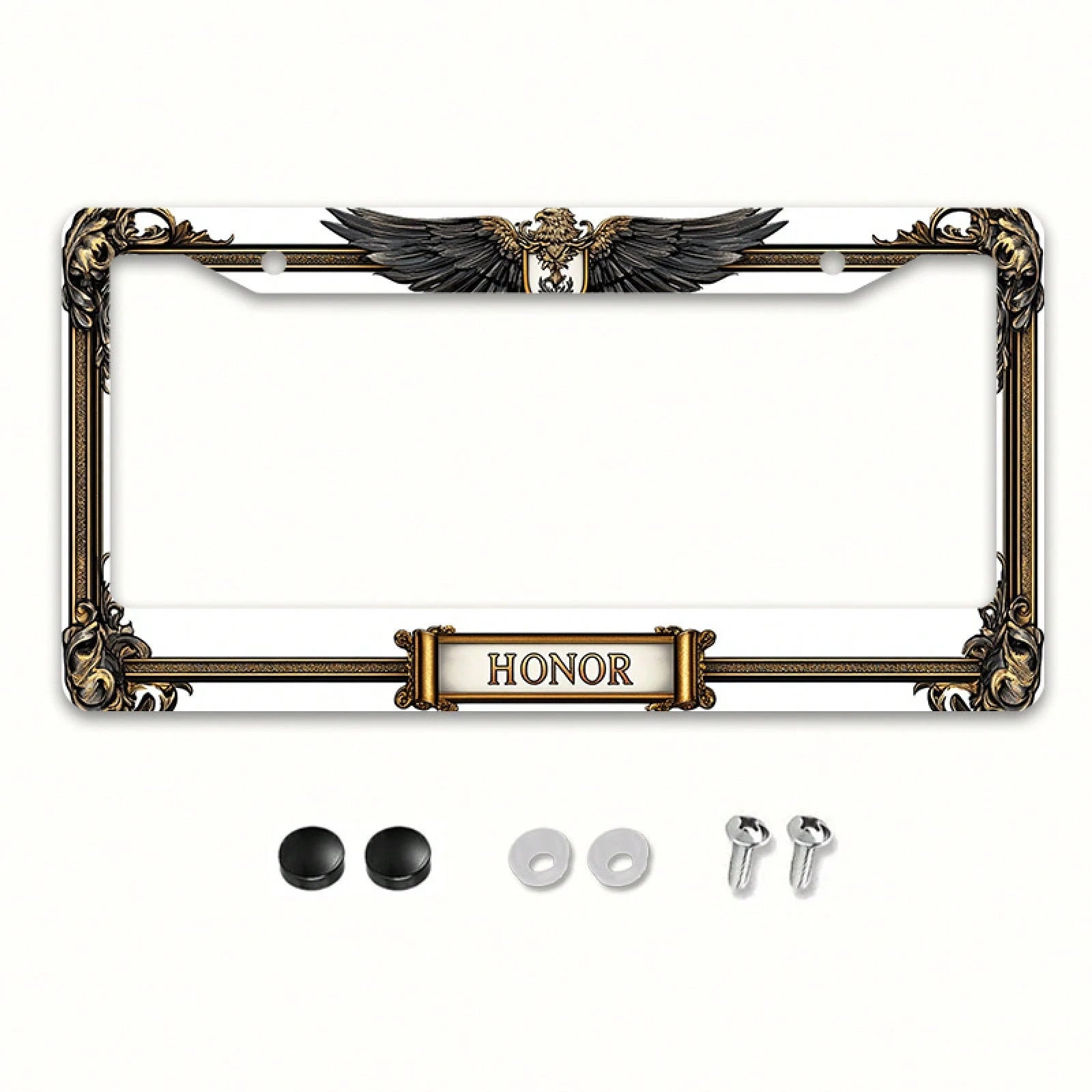 1pc Metal License Plate Frame, With The Golden Eagle Emblem And Honor Engraving, Suitable For American And Most International Vehicles, Includes Mounting Screws, Car Decoration Accessory, Perfectly Sh