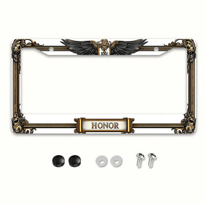 1pc Metal License Plate Frame, With The Golden Eagle Emblem And Honor Engraving, Suitable For American And Most International Vehicles, Includes Mounting Screws, Car Decoration Accessory, Perfectly Sh