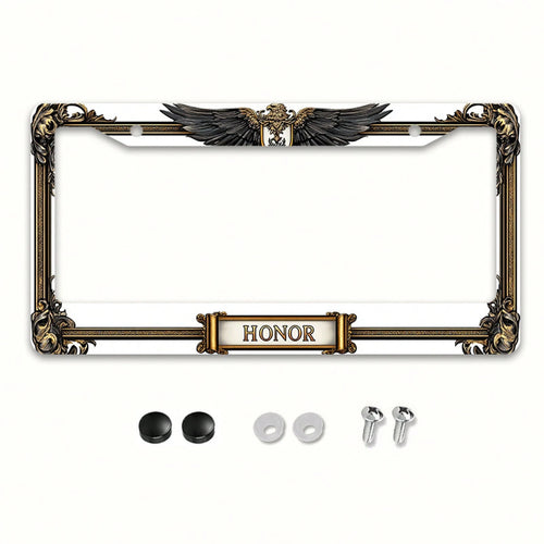 1pc Metal License Plate Frame, With The Golden Eagle Emblem And Honor Engraving, Suitable For American And Most International Vehicles, Includes Mounting Screws, Car Decoration Accessory, Perfectly Sh