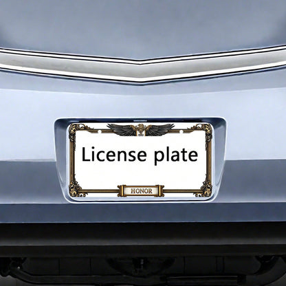 1pc Metal License Plate Frame, With The Golden Eagle Emblem And Honor Engraving, Suitable For American And Most International Vehicles, Includes Mounting Screws, Car Decoration Accessory, Perfectly Sh