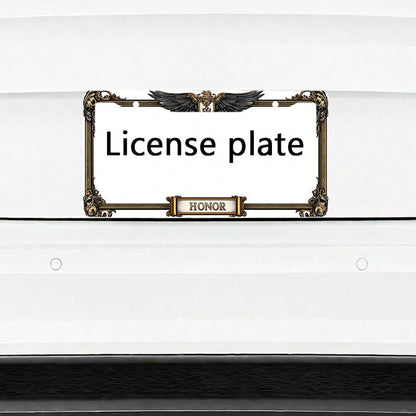 1pc Metal License Plate Frame, With The Golden Eagle Emblem And Honor Engraving, Suitable For American And Most International Vehicles, Includes Mounting Screws, Car Decoration Accessory, Perfectly Sh