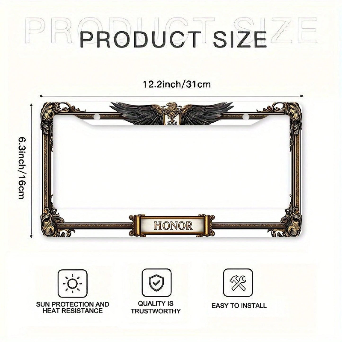1pc Metal License Plate Frame, With The Golden Eagle Emblem And Honor Engraving, Suitable For American And Most International Vehicles, Includes Mounting Screws, Car Decoration Accessory, Perfectly Sh