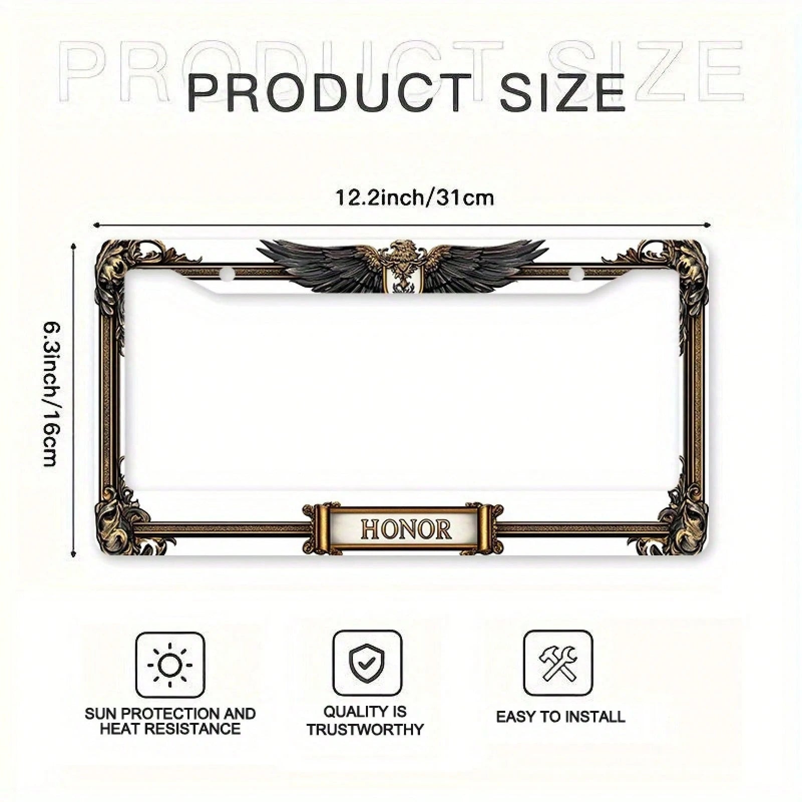 1pc Metal License Plate Frame, With The Golden Eagle Emblem And Honor Engraving, Suitable For American And Most International Vehicles, Includes Mounting Screws, Car Decoration Accessory, Perfectly Sh
