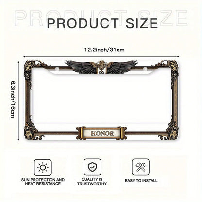 1pc Metal License Plate Frame, With The Golden Eagle Emblem And Honor Engraving, Suitable For American And Most International Vehicles, Includes Mounting Screws, Car Decoration Accessory, Perfectly Sh