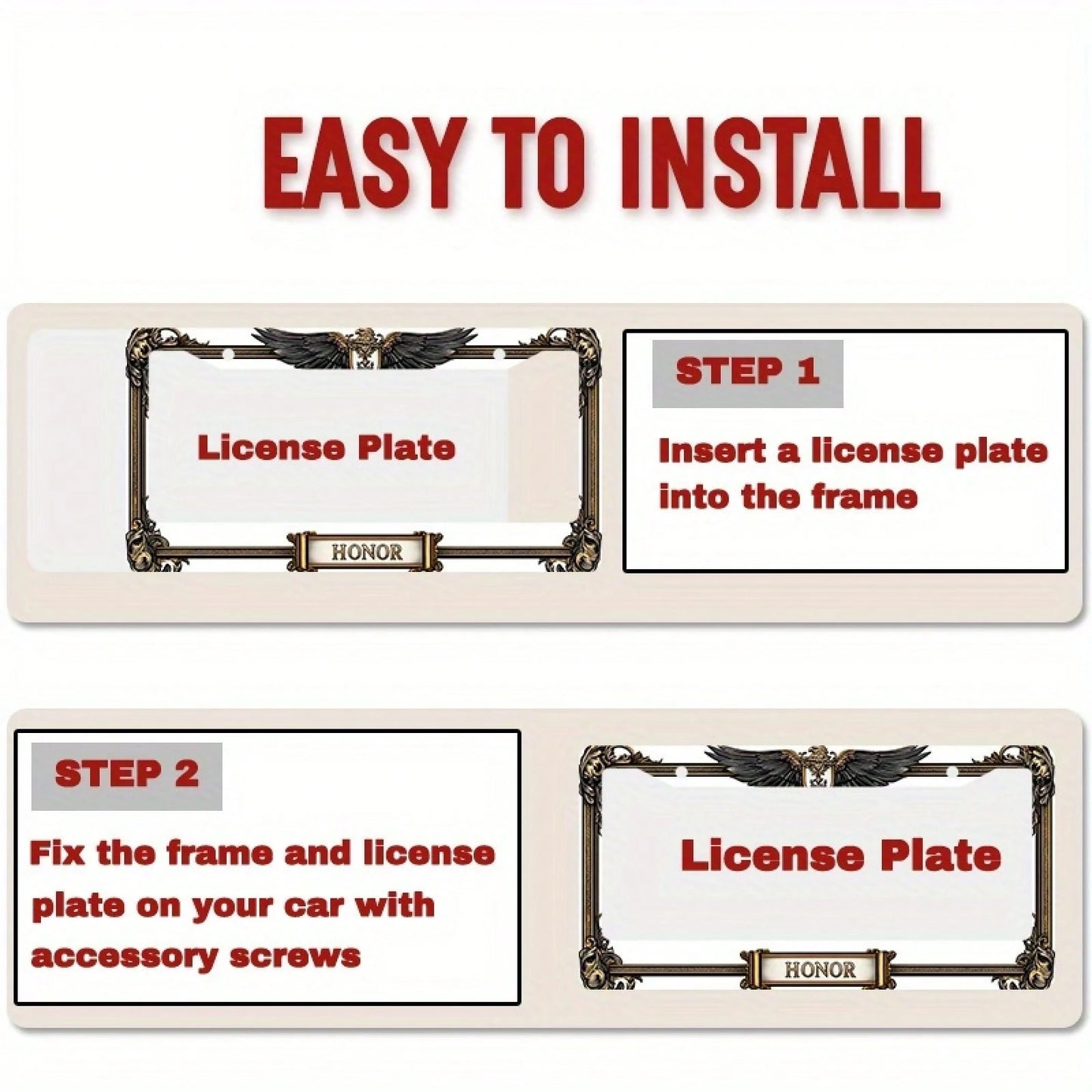 1pc Metal License Plate Frame, With The Golden Eagle Emblem And Honor Engraving, Suitable For American And Most International Vehicles, Includes Mounting Screws, Car Decoration Accessory, Perfectly Sh