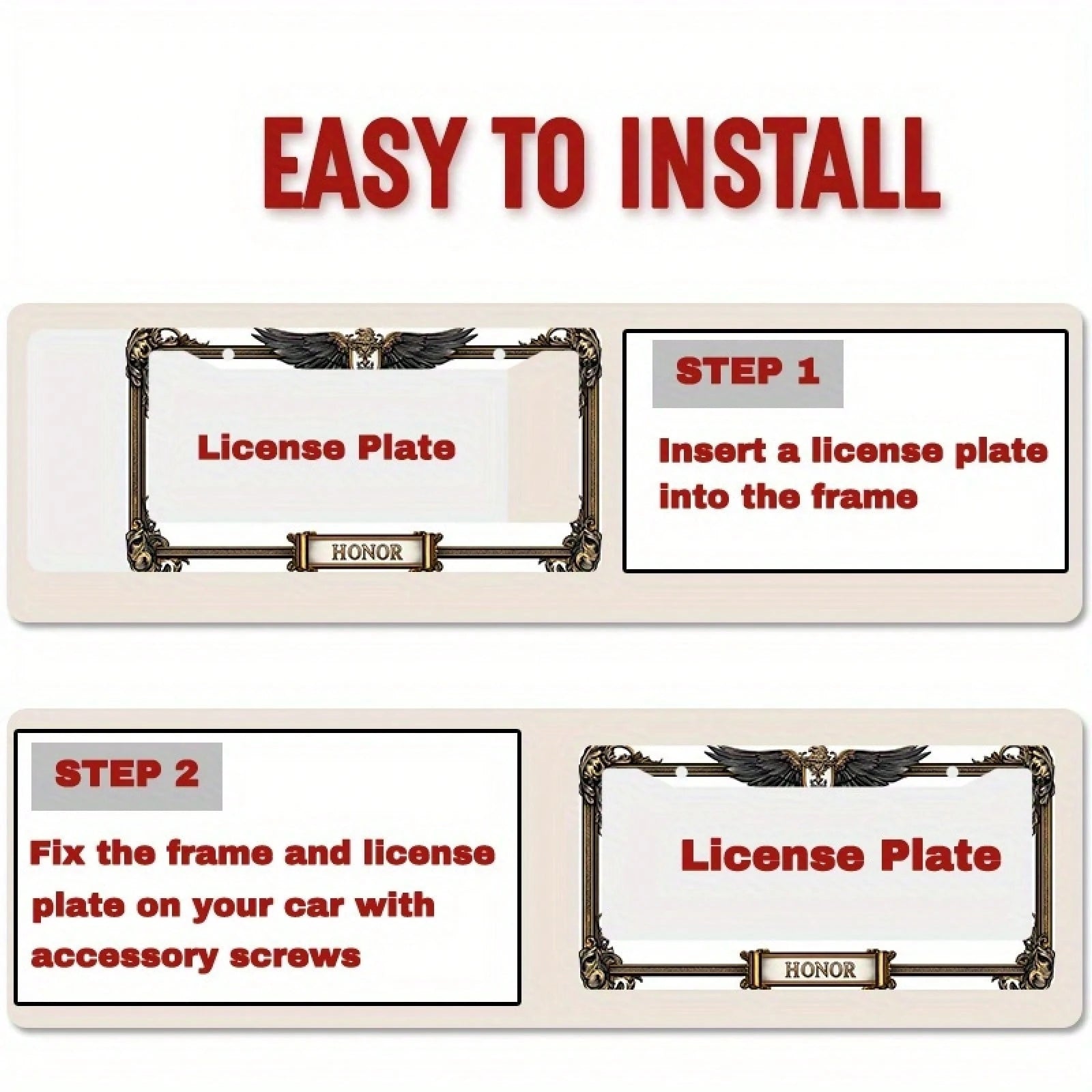 1pc Metal License Plate Frame, With The Golden Eagle Emblem And Honor Engraving, Suitable For American And Most International Vehicles, Includes Mounting Screws, Car Decoration Accessory, Perfectly Sh