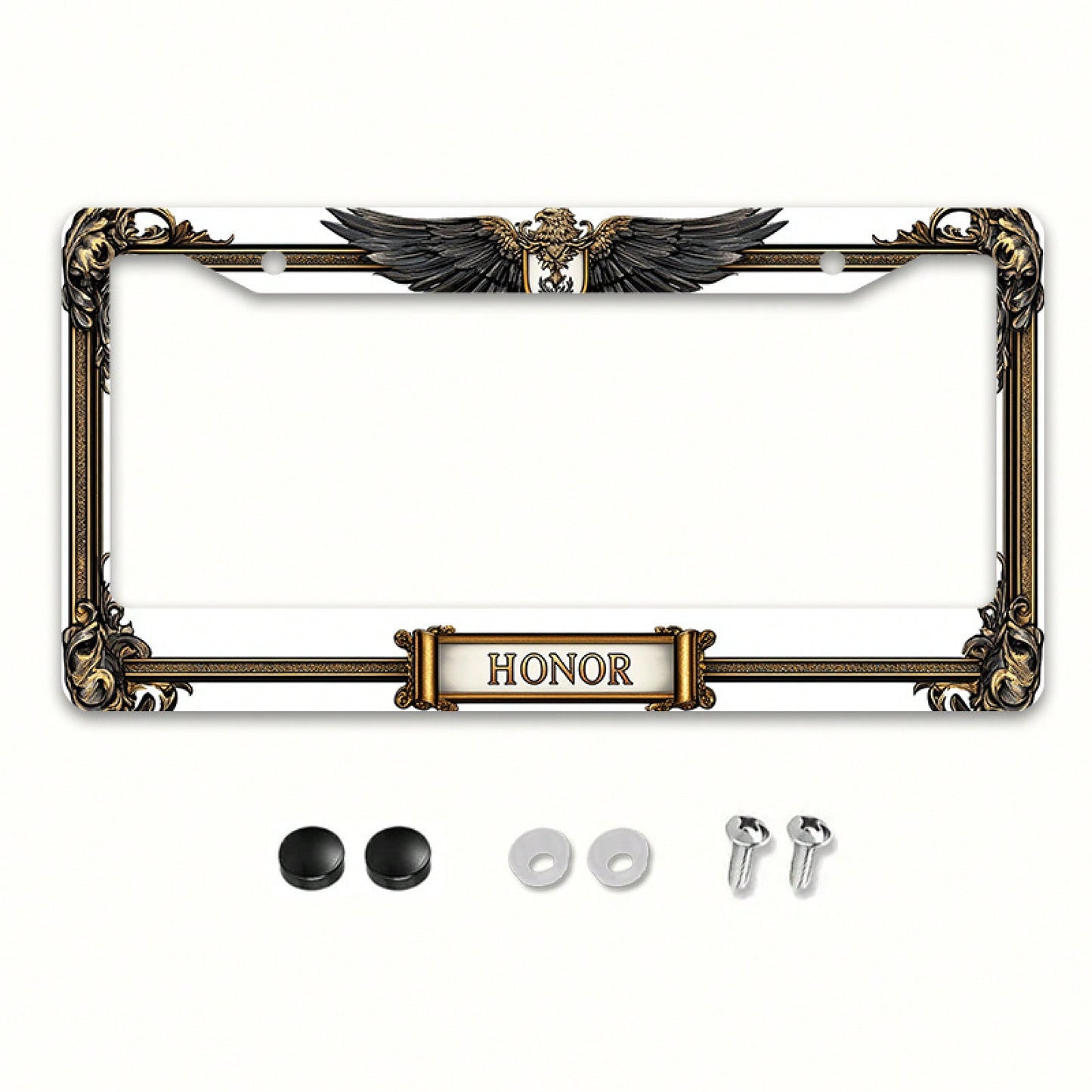 1pc Metal License Plate Frame, With The Golden Eagle Emblem And Honor Engraving, Suitable For American And Most International Vehicles, Includes Mounting Screws, Car Decoration Accessory, Perfectly Sh