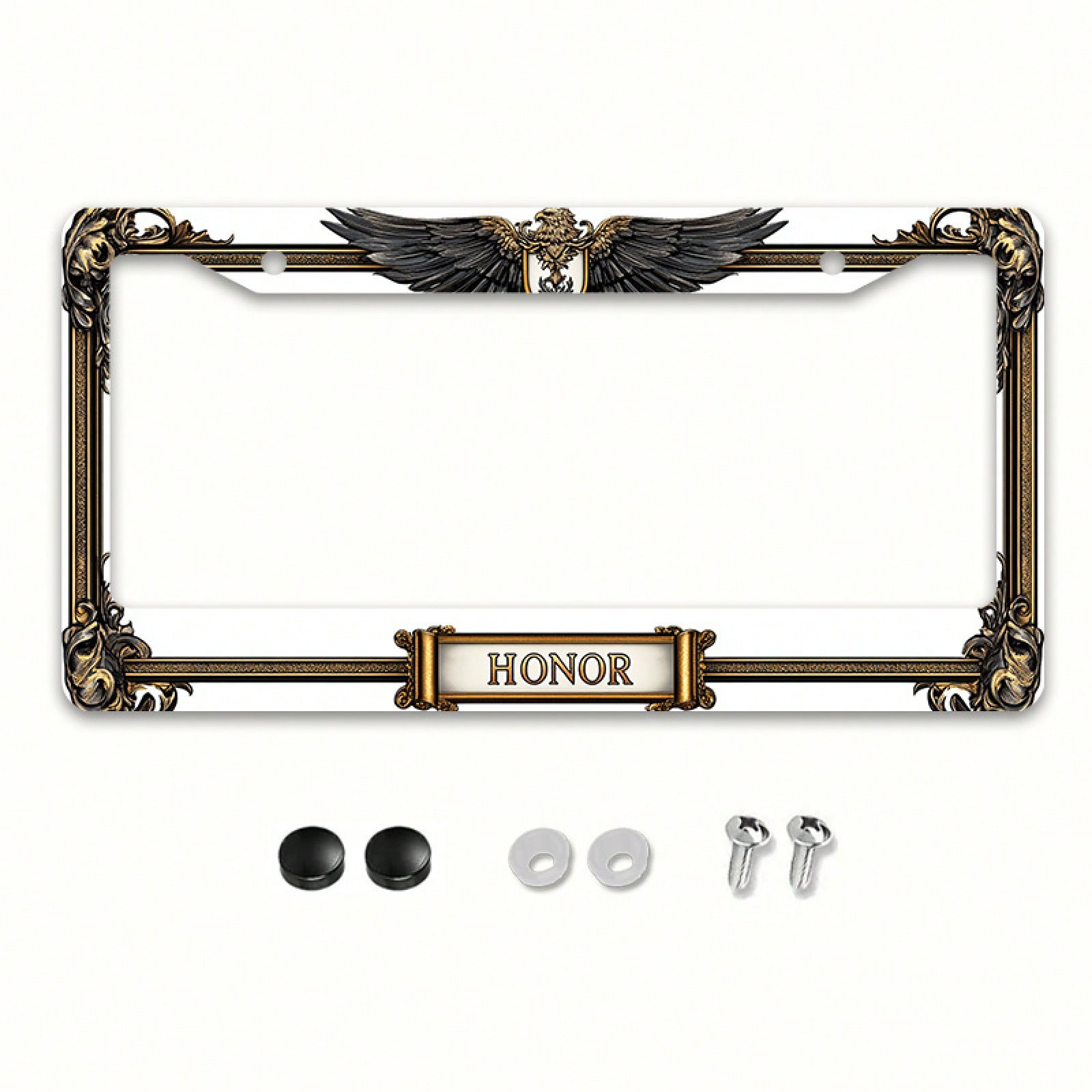 1pc Metal License Plate Frame, With The Golden Eagle Emblem And Honor Engraving, Suitable For American And Most International Vehicles, Includes Mounting Screws, Car Decoration Accessory, Perfectly Sh