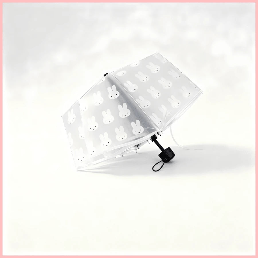 1pc Miffy Rabbit Print Matte Transparent Folding Umbrella, Portable Lightweight Compact Travel Umbrella, Cute Clear Umbrella For Women Girls Daily Use, Back To School Birthday Festival Gift Party Deco