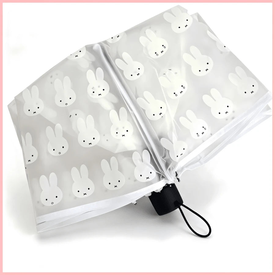 1pc Miffy Rabbit Print Matte Transparent Folding Umbrella, Portable Lightweight Compact Travel Umbrella, Cute Clear Umbrella For Women Girls Daily Use, Back To School Birthday Festival Gift Party Deco
