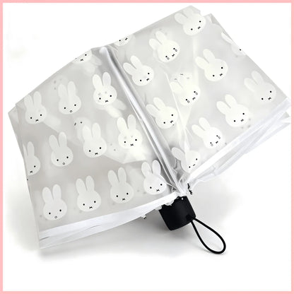 1pc Miffy Rabbit Print Matte Transparent Folding Umbrella, Portable Lightweight Compact Travel Umbrella, Cute Clear Umbrella For Women Girls Daily Use, Back To School Birthday Festival Gift Party Deco
