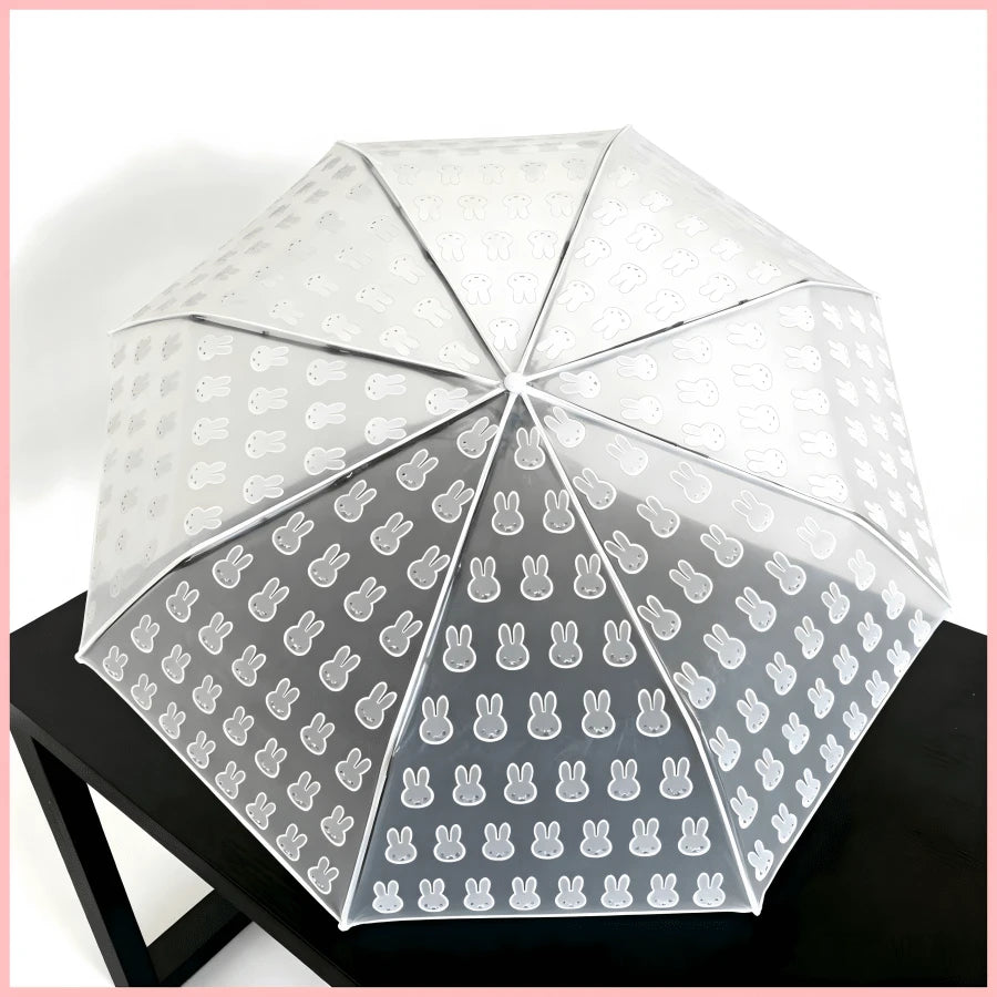 1pc Miffy Rabbit Print Matte Transparent Folding Umbrella, Portable Lightweight Compact Travel Umbrella, Cute Clear Umbrella For Women Girls Daily Use, Back To School Birthday Festival Gift Party Deco