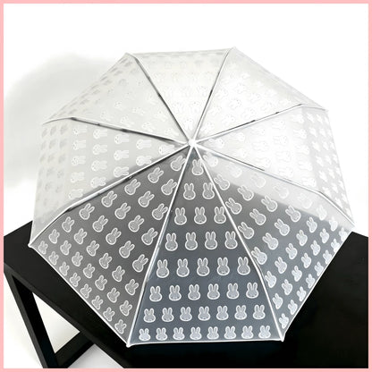 1pc Miffy Rabbit Print Matte Transparent Folding Umbrella, Portable Lightweight Compact Travel Umbrella, Cute Clear Umbrella For Women Girls Daily Use, Back To School Birthday Festival Gift Party Deco