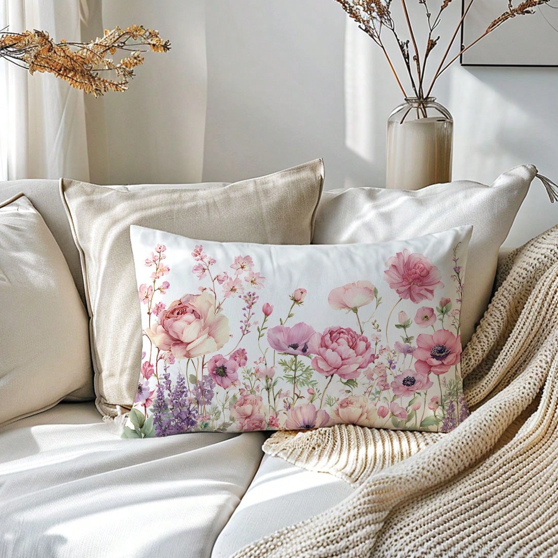 1pc Minimalist Floral Decorative Pillow Cover, Single-Sided Printed Peach Velvet Material, Fits 30*50/40*60CM Throw Pillow, Suitable For Modern Living Room Decor, Party Decoration, Gift
