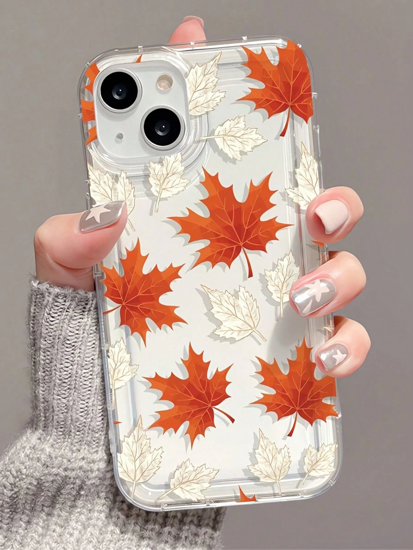 1pc Minimalist Orange Maple Leaf & White Leaf Print Phone Case, Minimalist Autumn Leaf Print Phone Case, Compatible With IPhone 11 12 13 14 15 16 16 Pro Max Air Cushion Shockproof Phone Protective Cov