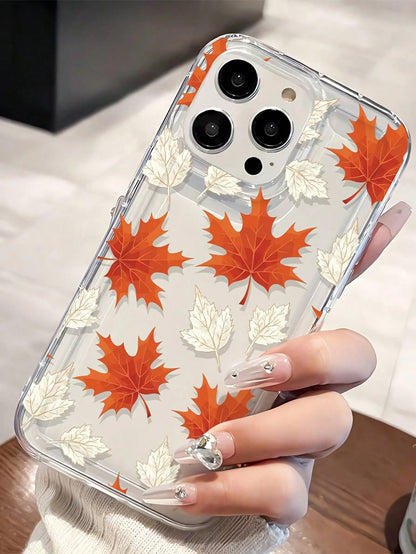 1pc Minimalist Orange Maple Leaf & White Leaf Print Phone Case, Minimalist Autumn Leaf Print Phone Case, Compatible With IPhone 11 12 13 14 15 16 16 Pro Max Air Cushion Shockproof Phone Protective Cov