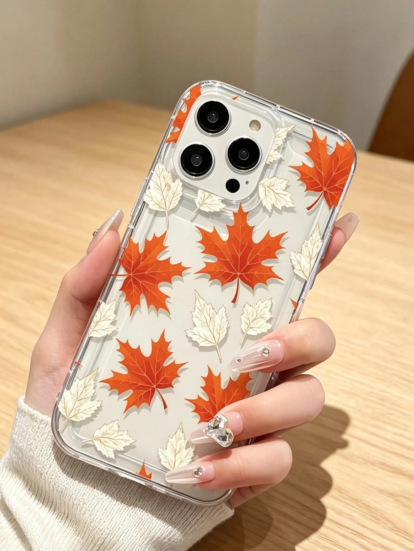 1pc Minimalist Orange Maple Leaf & White Leaf Print Phone Case, Minimalist Autumn Leaf Print Phone Case, Compatible With IPhone 11 12 13 14 15 16 16 Pro Max Air Cushion Shockproof Phone Protective Cov