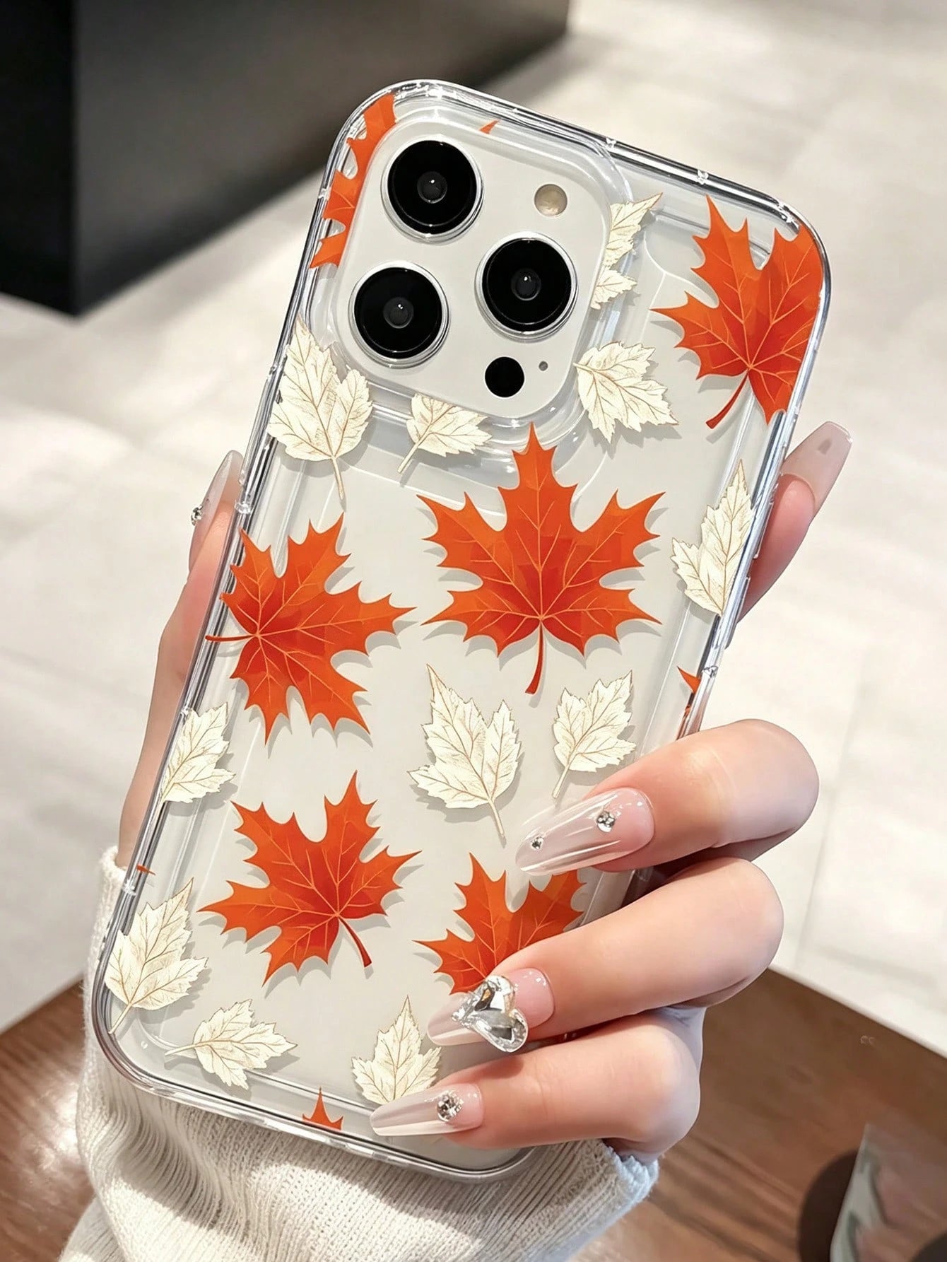 1pc Minimalist Orange Maple Leaf & White Leaf Print Phone Case, Minimalist Autumn Leaf Print Phone Case, Compatible With IPhone 11 12 13 14 15 16 16 Pro Max Air Cushion Shockproof Phone Protective Cov