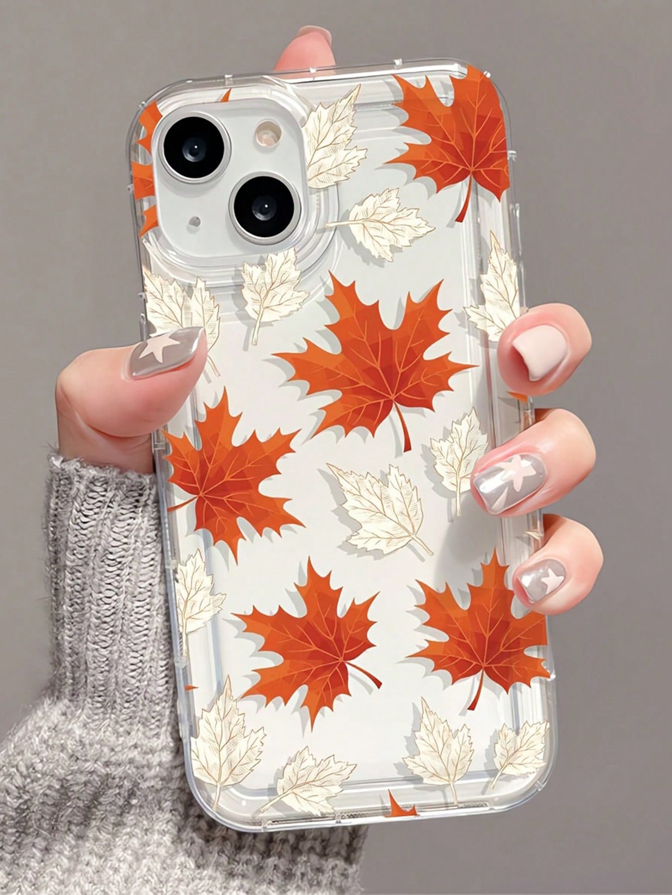 1pc Minimalist Orange Maple Leaf & White Leaf Print Phone Case, Minimalist Autumn Leaf Print Phone Case, Compatible With IPhone 11 12 13 14 15 16 16 Pro Max Air Cushion Shockproof Phone Protective Cov