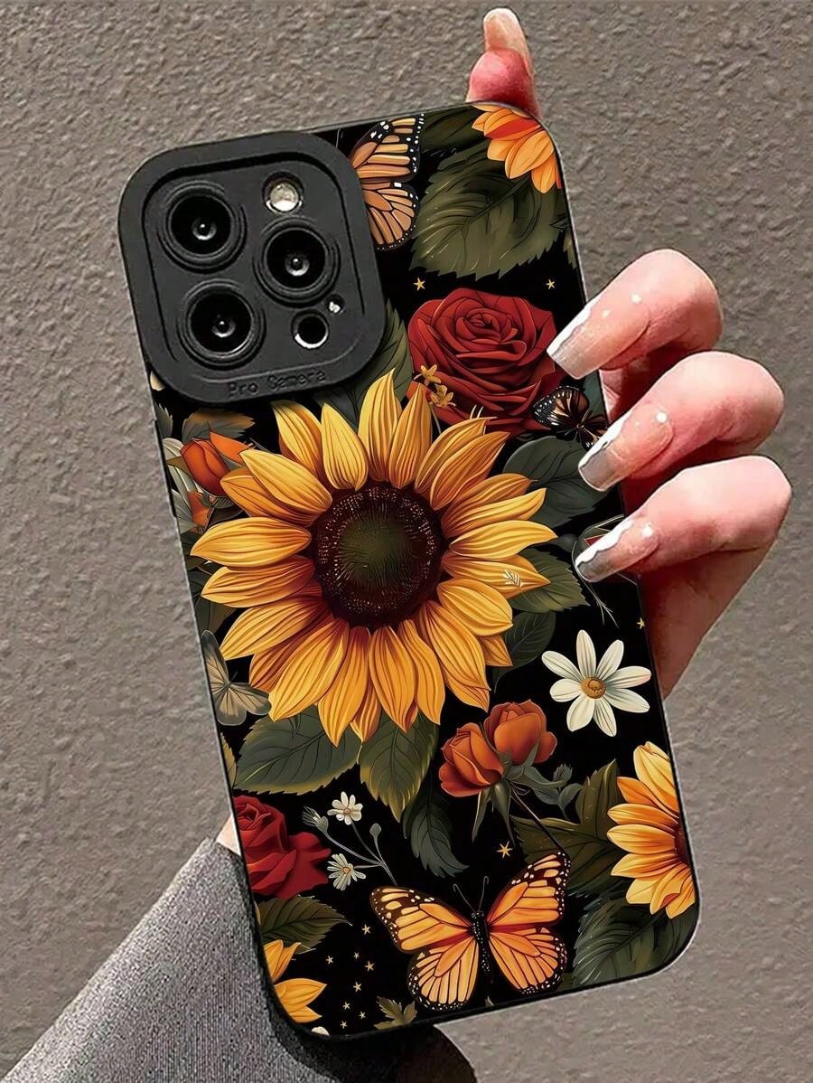 1pc Minimalist Sunflower Rose Butterfly Print Soft Phone Case, Compatible With IPhone 7/7p/X/Xs/Xr/Xmax/11/11pro/11promax/12/12pro/12promax/13/13pro/13promax/14/14pro/14plus/14promax/15/15pro/15plus/1