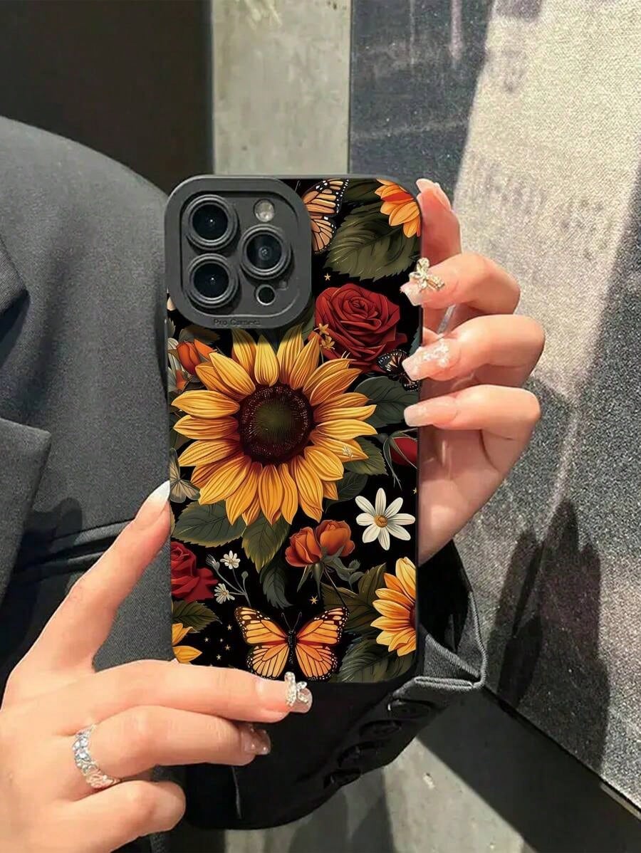 1pc Minimalist Sunflower Rose Butterfly Print Soft Phone Case, Compatible With IPhone 7/7p/X/Xs/Xr/Xmax/11/11pro/11promax/12/12pro/12promax/13/13pro/13promax/14/14pro/14plus/14promax/15/15pro/15plus/1