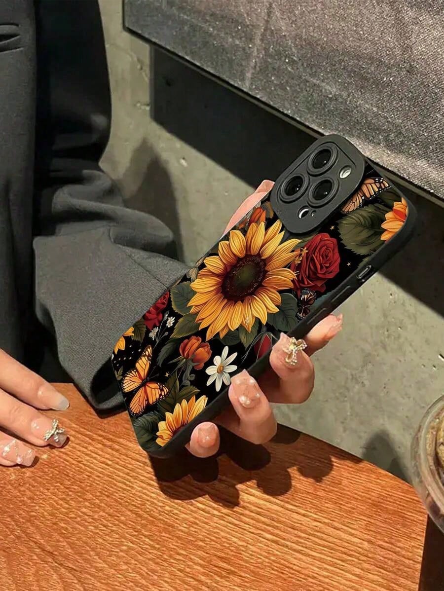 1pc Minimalist Sunflower Rose Butterfly Print Soft Phone Case, Compatible With IPhone 7/7p/X/Xs/Xr/Xmax/11/11pro/11promax/12/12pro/12promax/13/13pro/13promax/14/14pro/14plus/14promax/15/15pro/15plus/1