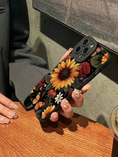 1pc Minimalist Sunflower Rose Butterfly Print Soft Phone Case, Compatible With IPhone 7/7p/X/Xs/Xr/Xmax/11/11pro/11promax/12/12pro/12promax/13/13pro/13promax/14/14pro/14plus/14promax/15/15pro/15plus/1